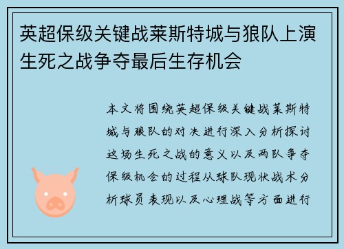 英超保级关键战莱斯特城与狼队上演生死之战争夺最后生存机会