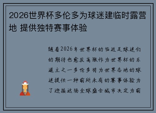 2026世界杯多伦多为球迷建临时露营地 提供独特赛事体验